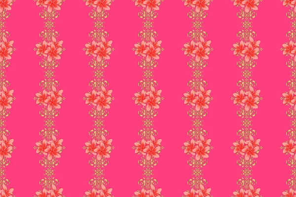 Floral print. Repeating raster plumeria flowers pattern. Modern motley floral seamless pattern in orange, neutral and pink colors.