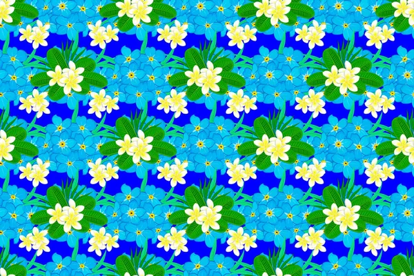 Mavi Arka Planda Bir Sürü Soyut Renkli Çiçekli Raster Eskizi — Stok fotoğraf