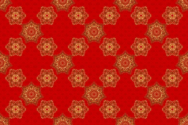 Seamless abstract modern pattern on a red backdrop. Red and golden seamless pattern. Geometric repeating raster ornament with golden elements.
