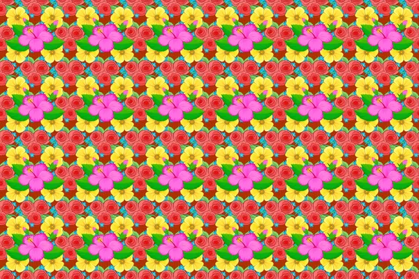 热带芙蓉花具有粉红 绿三种颜色 具有水彩效果的光栅状无缝图案 — 图库照片