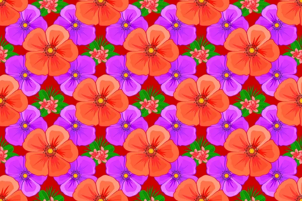 赤の背景にトレンディーなプリント 装飾やデザインのための美しいパターン ヴィンテージスタイルのコスモスの花と絶妙なパターン コスモスの花と水彩シームレスパターン — ストック写真