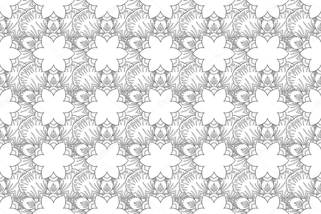 Raster luxury sketch with black and white contoured elements. Glitter silhouette seamless pattern.