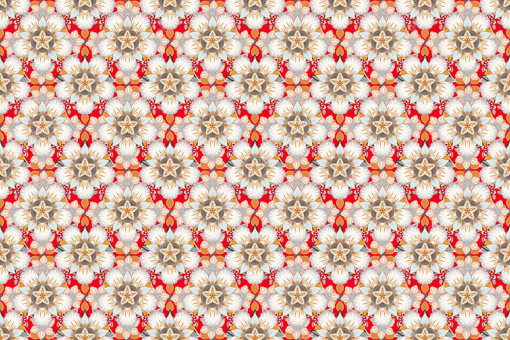 Seamless background pattern with tropical flowers and leaves in orange, red and gray colors. Raster illustration.