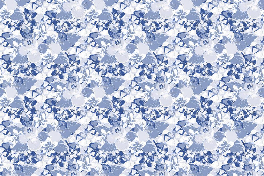 Spring paper with abstract cute hibiscus flowers in white, blue and gray colors. Floral seamless pattern. Raster illustration.