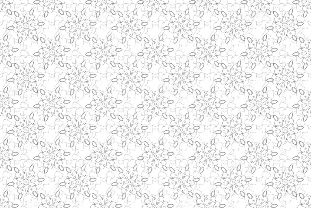 Raster seamless pattern with vintage contoured white and black ornament. Floral silhouette, outline design.