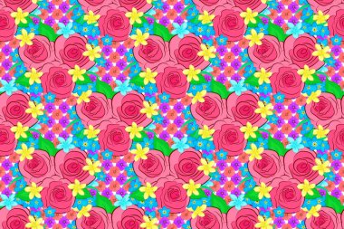 Beyaz bir arka planda çiçek motifleri olan soyut zerafet deseni. Dekoratif gül çiçekleri ve tekrar eden yeşil yapraklar. Raster illüstrasyonu.