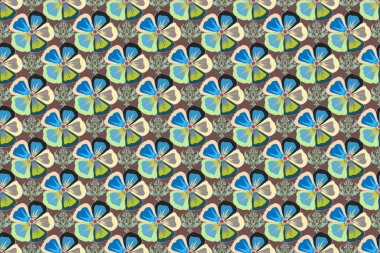 Kozmos çiçekleri ve yaprakları yeşil, mavi ve gri renklerde..