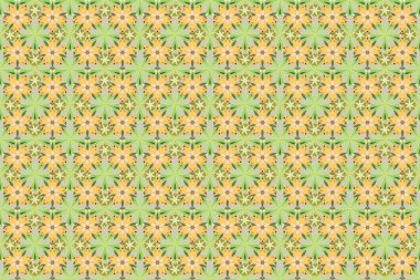 Gri, sarı ve yeşil renklerde küçük, pürüzsüz desenler. Raster illüstrasyonu. Raster çiçeklerle renklendirilmiş dallar.
