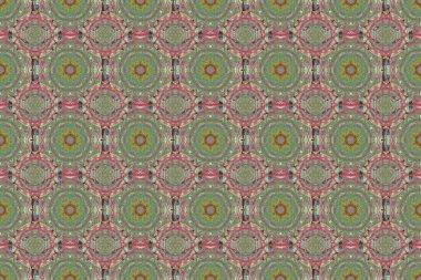 Raster tarzı bir süs. Damask pürüzsüz deseni pembe, yeşil ve bej renklerde. Soyut çiçekli kraliyet duvar kağıdı.