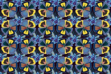 Raster illüstrasyonu. Şirin kozmosta kusursuz çiçek deseni Mavi, sarı ve siyah renkte çiçekler.