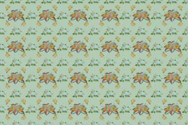 Tropikal bitkiler ve yeşil, gri ve kahverengi amber çiçekleri ile yaz Hawaii 'nin pürüzsüz deseni. Kusursuz Raster illüstrasyonu.