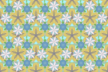 Elin pürüzsüz deseni mavi, yeşil ve gri renkte pek çok küçük çiçek çizdi. Raster illüstrasyonu.