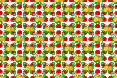 Bej bir arka planda kusursuz çiçek deseni. Gül çiçekleri ve yeşil yapraklar pürüzsüz desen.