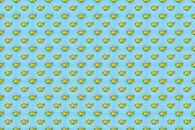 Grafiksel modern model. Yeşil, sarı ve mavi renklerde kusursuz çiçek deseni. Geometrik yaprak süsü. Güzel bir arkaplan. Gül çiçekleri ve yeşil yapraklı pürüzsüz desen.