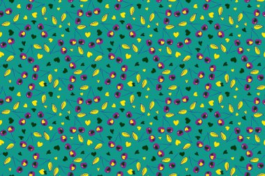 Mavi, sarı ve yeşil renklerde kirazsız desen. Çiçek açan çiçek yaprağı çizimi. Mavi, sarı ve yeşil kirazlı bahar soyut raster arka planı.