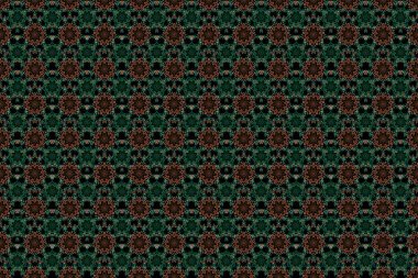 Raster illüstrasyonu. Damask, gri, yeşil ve kahverengi renklerle kusursuz çiçek deseni..