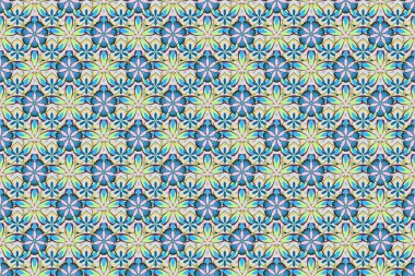 Mavi, gri ve sarı renklerde soyut şirin çiçek deseni. Raster illüstrasyonu. Parlak, güzel çiçekler, kusursuz bir arka plan..