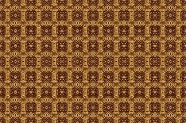 Kahverengi arka planda geleneksel Arap dekorasyonu. Duvar kâğıdı için altın süslü bir illüstrasyon. Doğu tarzında klasik altın elementler. Süslü dantel iz sürücü. Altın süslemeli, pürüzsüz bir desen..