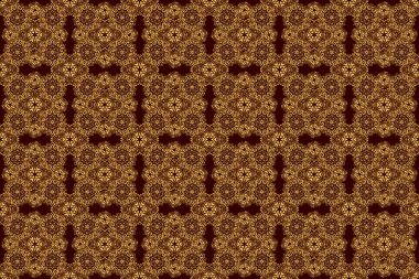 Kumaş baskısı, hatıra defteri, hediye paketi için. Kahverengi arka planda altın sarısı, pürüzsüz vintage desen.