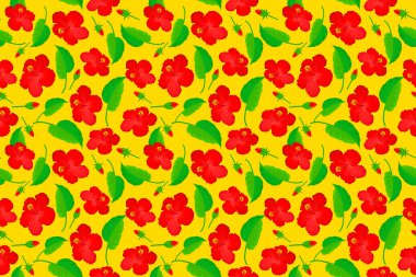 Raster illüstrasyonu. Sarı arka planda karışık amber çiçekleri olan geleneksel Hint çiçekleri..