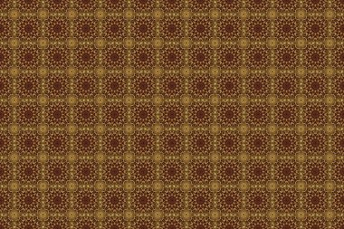 Kağıt ürünleri, ambalajlar, kahverengi arka planda tekstil ürünleri. Doodle tarzında kusursuz bir Noel deseni Altın kar taneleri.