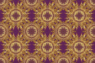 Mor bir arka planda kusursuz, soyut modern desen. Mor ve altın pürüzsüz desen. Geometrik, altın elementlerle tekrarlanan raster süsü.