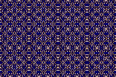 Tekstil ya da kağıda basmak için kusursuz desen. Mavi ve altın renkli süsler..