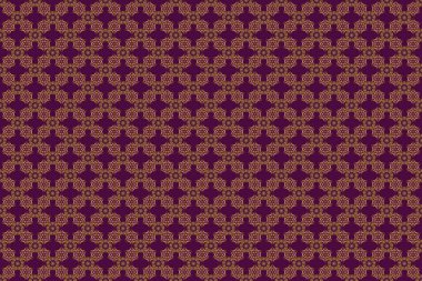 Kumaş için altın dekoru süsleyin. Mor zemin üzerinde altın elementlerle geleneksel Arap süsü. Raster kusursuz desenli, doğu tarzında altın renkli tasarımı var. Süslü dantel iz sürücü.