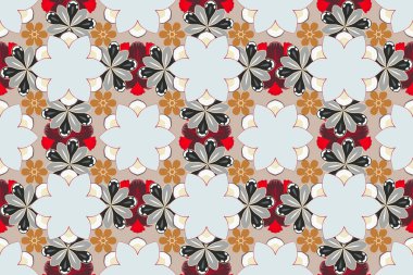 Dekoratif yaz çiçeklerinin bej, gri ve kahverengi renkleriyle kusursuz desen, suluboya raster çizimi.