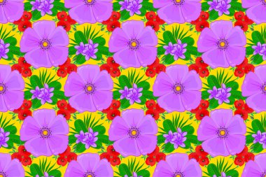 Bahar mahsulü çiçekli arka plan. Güzel raster dokusu. Sarı arka planda sevimli kozmos çiçekleri olan kusursuz desen..