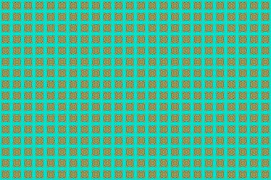 Mavi arka planda altın mandala logosu. Birçok taç yaprağı çiçekli kutsal geometrik sembol.
