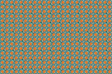 Soyut kozmosun kusursuz deseni turuncu, bej ve mavi renklerde. Stock raster illüstrasyonu. Klasik stil.