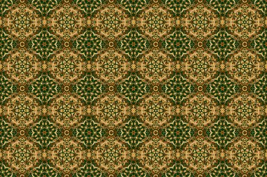 Davetiyeler için dekorasyon, tebrik kartları, etiketler, rozetler, etiketler. Yeşilde altın çiçeksiz desen. Doğu tarzında lüks bir süs. Altın şablonlar için Raster elementleri.