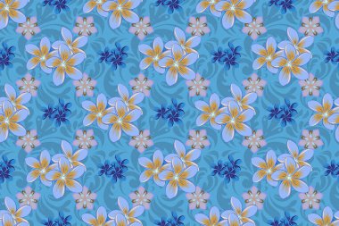 Raster illüstrasyonu. Dekoratif plumeria çiçekleri ve bej, mavi ve gri yapraklı kusursuz arkaplan deseni.
