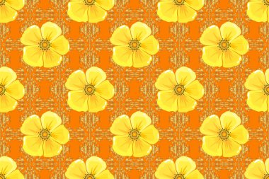 Kozmos çiçekleri turuncu bir arka planda pürüzsüz desen oluşturur. Sevimli Raster çiçek arkaplanı.