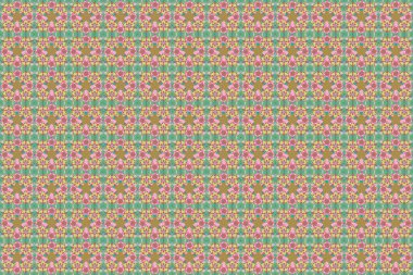 Pembe, yeşil ve sarı renkli küçük sevimli çiçekler. Ditsy style raster illüstrasyonu. Bir çok çiçeğin görüntüsüyle kusursuz desen.