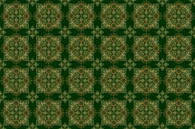 Yeşil arka planda altın şebeke ile kusursuz desen. Raster kare kompozisyonu ve altın antika süsü..