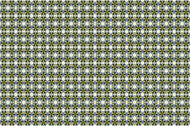 Sorunlu damasküler desensiz arka plan fayansları. Mavi, sarı ve yeşil renklerde pürüzsüz süsler..