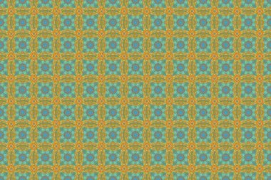 Tasarım, tekstil veya kumaş için yeşil, sarı ve mavi renklerde raster dikişsiz çiçek deseni. Raster illüstrasyonu.