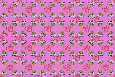 Yeşil, pembe ve turuncu renklerde kusursuz el yapımı raster çiçek deseni..