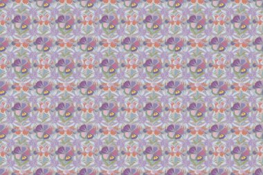 Kesişen kıvrımlı zarif stilize yapraklar ve parşömenler soyut bir çiçek süsü oluşturuyorlar. Arabesk. Gri, mavi ve pembe renklerde klasik soyut raster çiçeksiz desen.