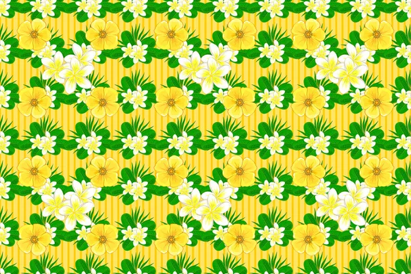 Nahtloses Blumenmuster Auf Gelbem Hintergrund Mit Kunterbunten Blüten Raster Illustration — Stockfoto