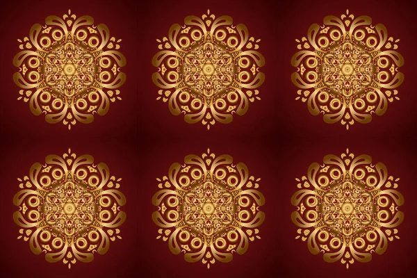 East, Islam, Indian, motifs. Ethnic texture. Arabic Mandala pattern on red background. Vintage raster decorative ornament. Orient, symmetry lace, fabric. Gold. Wedding, holiday card.