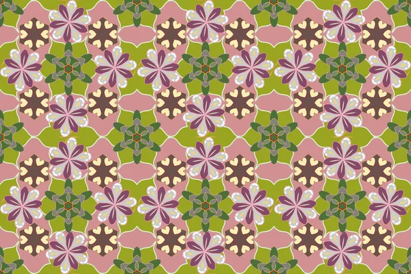 Stylish wallpaper with flowers. Abstract background. Floral seamless pattern with blooming flowers and leaves in yellow, gray and pink colors.