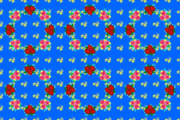 Flower pattern of multicolored rose flowers. The floral seamless pattern in yellow, blue and red colors. Raster illustration. Fabric texture pattern with seamless rose flowers.