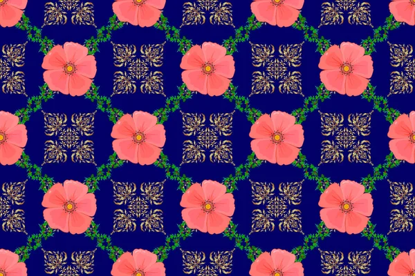 ピンク色の花のヴィンテージシームレスパターン かわいいラスターコスモスの花のプリント ラスターイラスト — ストック写真