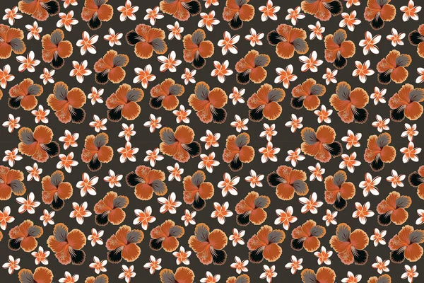 Raster illustration. Seamless floral pattern with brown, orange and gray hibiscus flowers, watercolor. Raster flower illustration. Seamless pattern with floral motif.