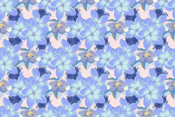 Płynny Wzór Rastrowy Kolorach Niebieskim Fioletowym Beżowym Uroczymi Kwiatami Plumerii — Zdjęcie stockowe