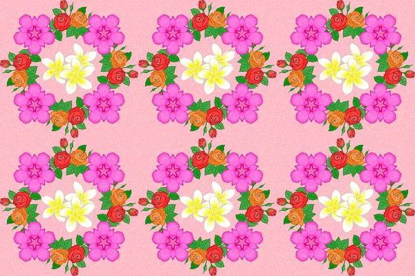 プルメリアの花とシームレスなパターン かわいいラスターの背景 幾何学的な葉飾り グラフィックモダンパターン ピンク マゼンタ色のシームレス抽象的な花のパターン — ストック写真