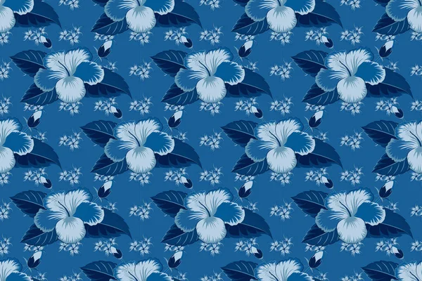 装飾ハイビスカスの花と青の色で民族の花のシームレスなパターン ラスターイラスト — ストック写真
